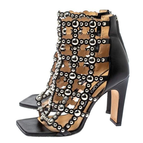 Sergio Rossi Black Leather Embellished Cut Out Sandals - Picture 1 of 6